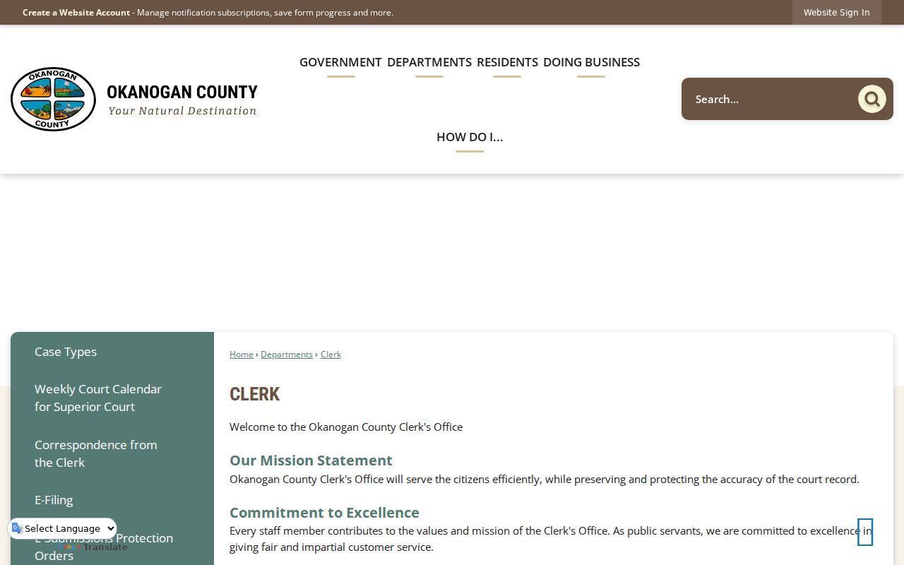Okanogan County court case lookup Clerk page
