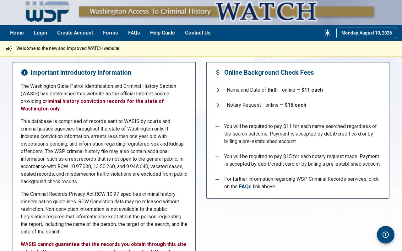 Okanogan County criminal history search fields in WATCH